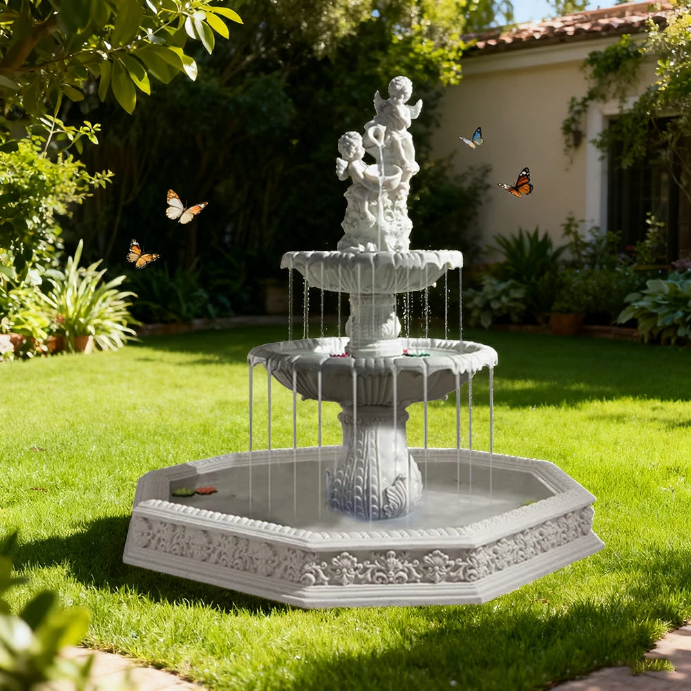 SOLARA Natural Sandstone Outdoor Fountain with 1.9m Fish Pond, Built‑In Pump, Smooth Sandstone Finish, Elegant Water Feature