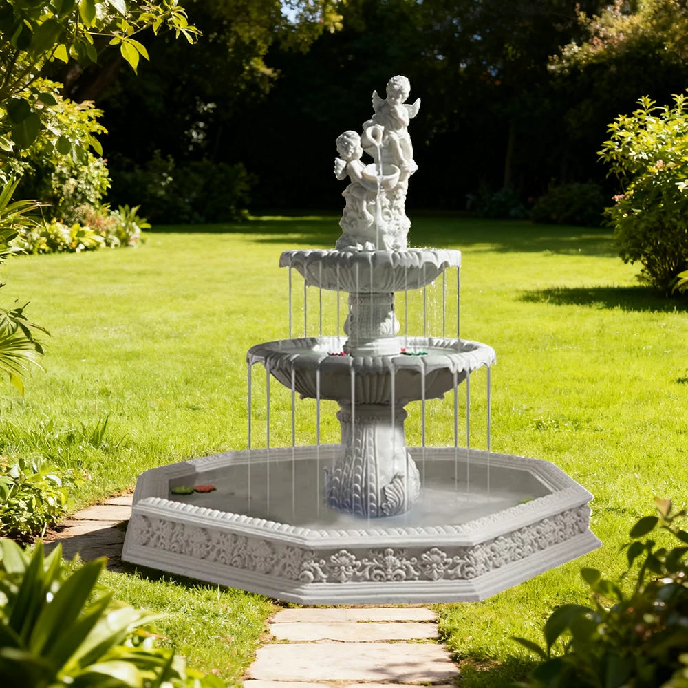 SOLARA Natural Sandstone Outdoor Fountain with 1.9m Fish Pond, Built‑In Pump, Smooth Sandstone Finish, Elegant Water Feature