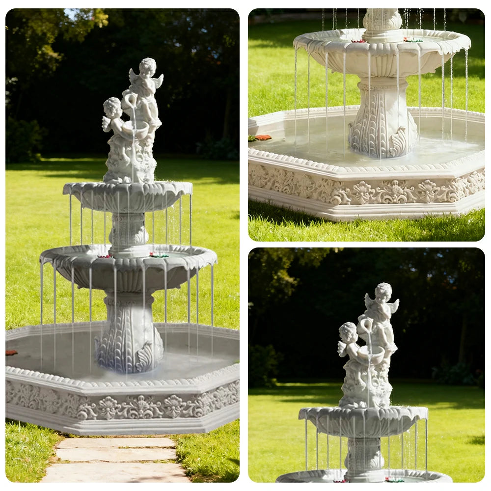 SOLARA Natural Sandstone Outdoor Fountain with 1.9m Fish Pond, Built‑In Pump, Smooth Sandstone Finish, Elegant Water Feature