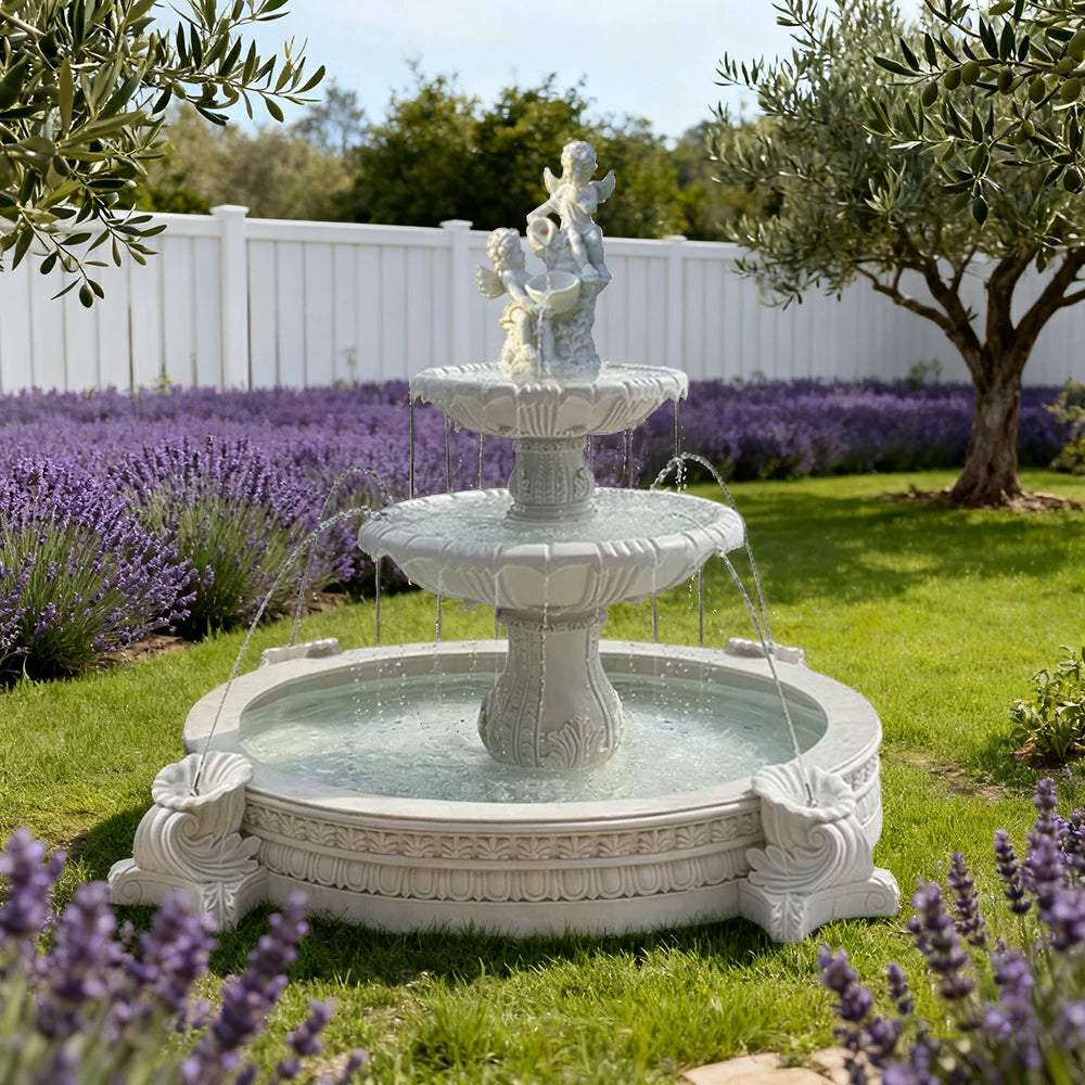 SOLARA Natural Sandstone Outdoor Fountain with 2.4m Fish Pond, Built‑In Pump, Smooth Sandstone Finish, Elegant Water Feature