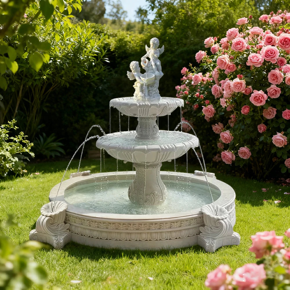 SOLARA Natural Sandstone Outdoor Fountain with 2.4m Fish Pond, Built‑In Pump, Smooth Sandstone Finish, Elegant Water Feature