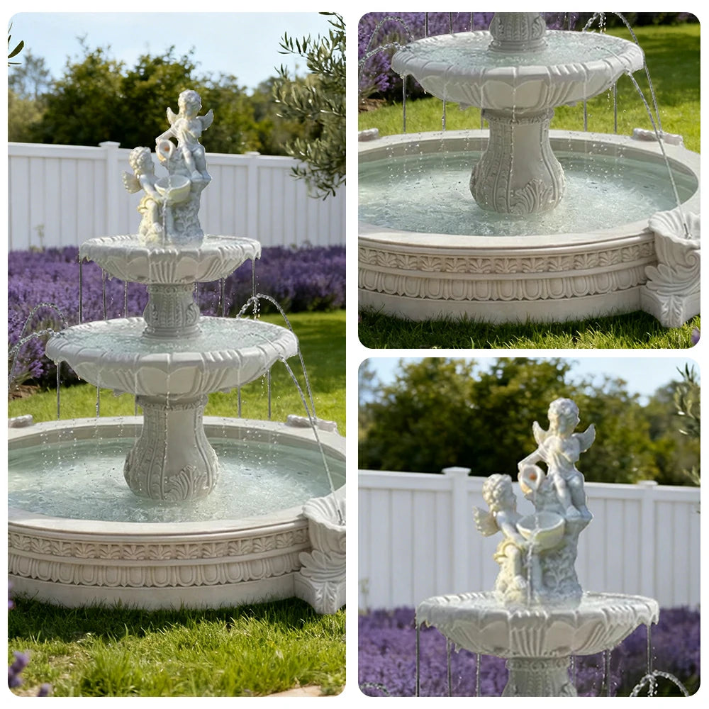 SOLARA Natural Sandstone Outdoor Fountain with 2.4m Fish Pond, Built‑In Pump, Smooth Sandstone Finish, Elegant Water Feature