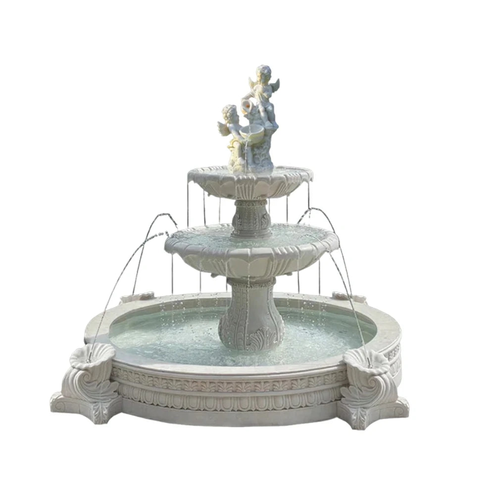 SOLARA Natural Sandstone Outdoor Fountain with 2.4m Fish Pond, Built‑In Pump, Smooth Sandstone Finish, Elegant Water Feature