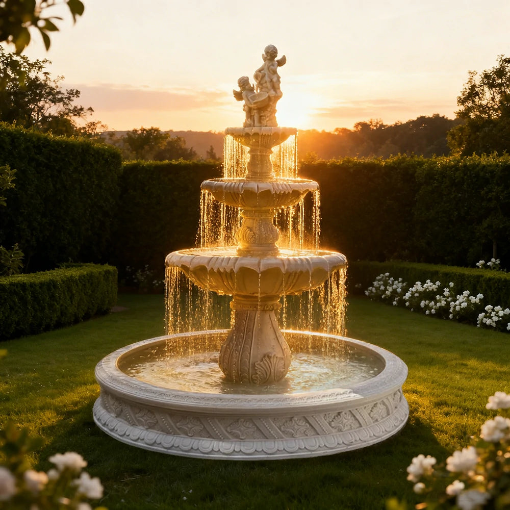 SOLARA Natural Sandstone Outdoor Fountain with 1.5m Fish Pond, Hand‑Polished Texture, Continuous Water Flow, Garden Centrepiece