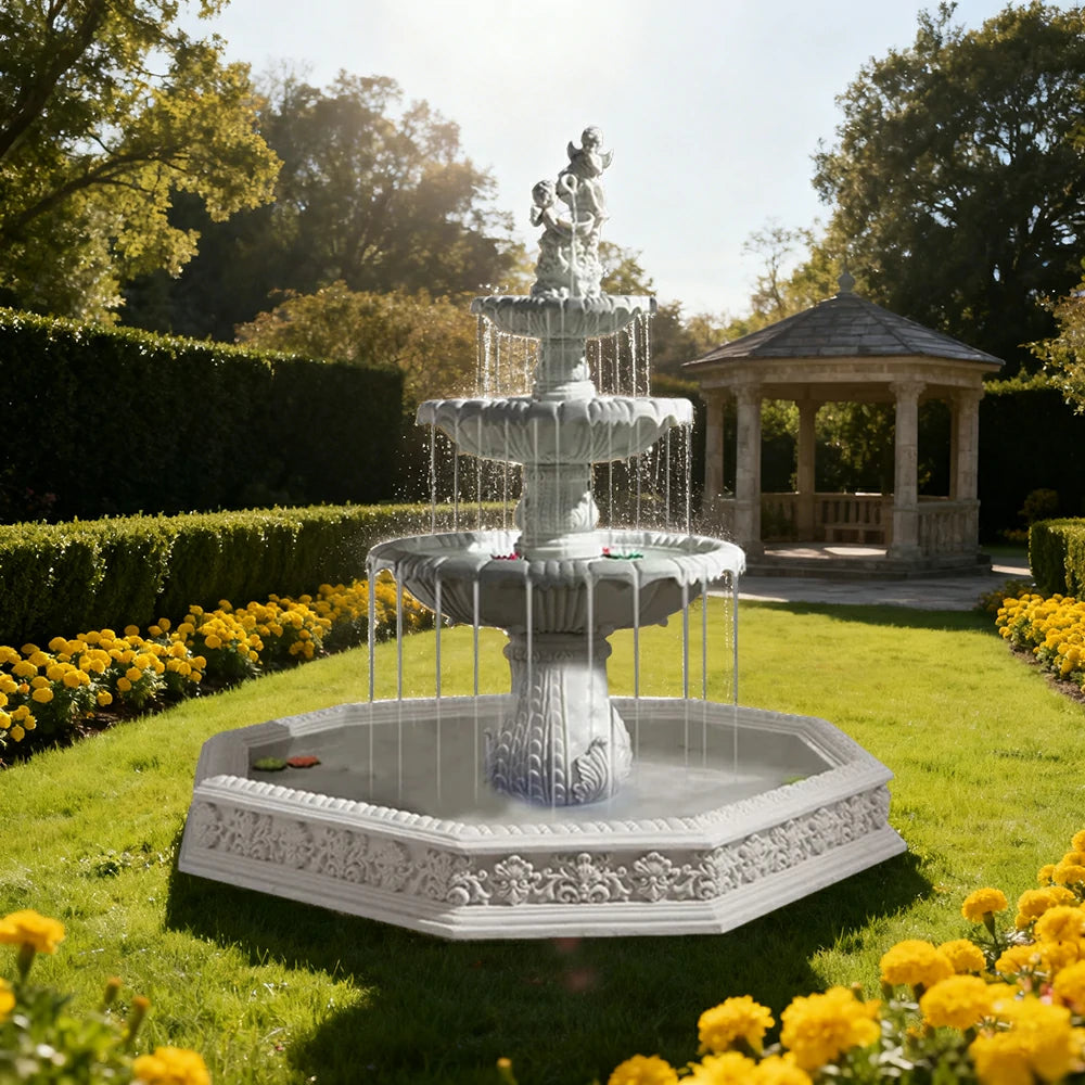 SOLARA Natural Sandstone Outdoor Fountain with 1.9m Fish Pond, Hand‑Polished Texture, Continuous Water Flow, Garden Centrepiece