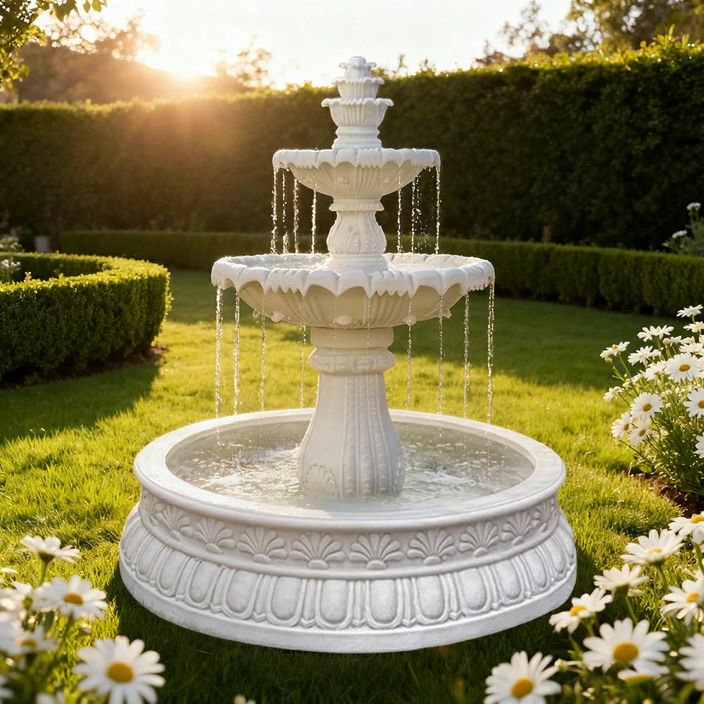 SOLARA Natural Sandstone Outdoor Fountain with 1.2m Fish Pond, Circulation Pump Included, Smooth Polished Stone, Premium Water Feature