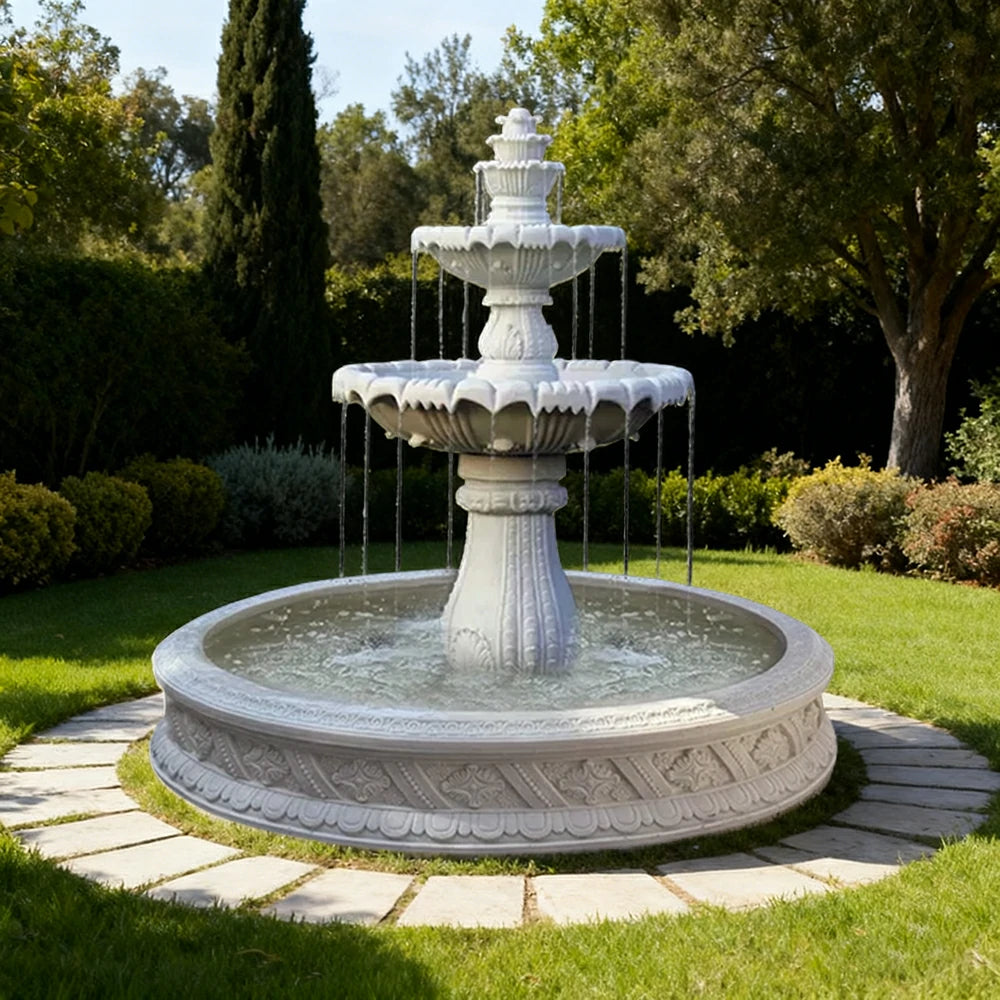 SOLARA Natural Sandstone Outdoor Fountain with 1.5m Fish Pond, Circulation Pump Included, Smooth Polished Stone, Premium Water Feature