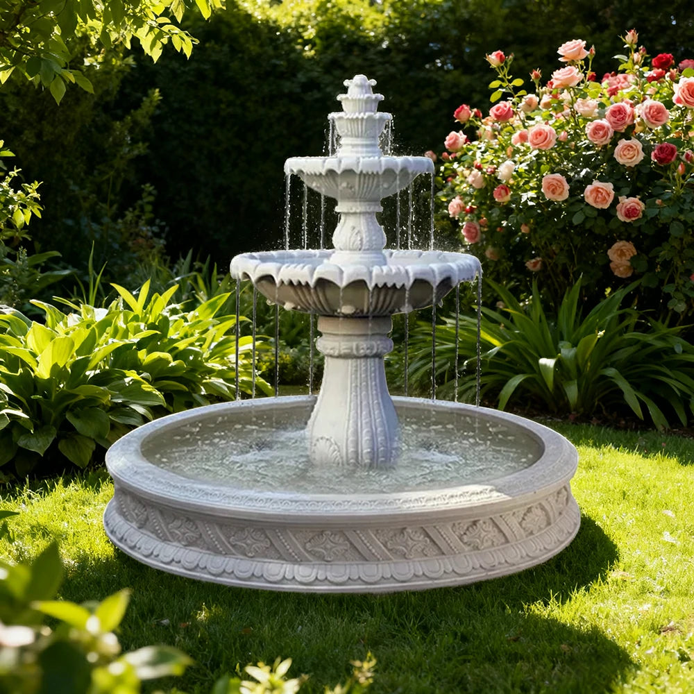 SOLARA Natural Sandstone Outdoor Fountain with 1.5m Fish Pond, Circulation Pump Included, Smooth Polished Stone, Premium Water Feature