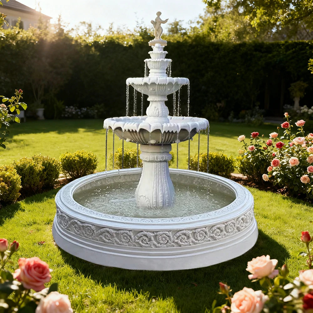 SOLARA Natural Sandstone Outdoor Fountain with 1.7m Fish Pond, Circulation Pump Included, Smooth Polished Stone, Premium Water Feature