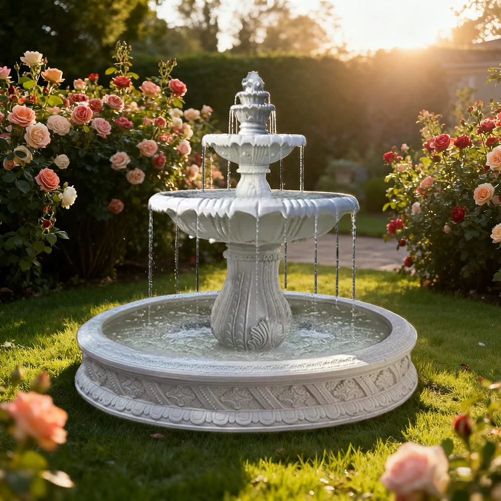 SOLARA Natural Sandstone Outdoor Fountain with 1.5m Fish Pond, Carved Stone Detail, Built‑In Circulation, Outdoor Garden Feature