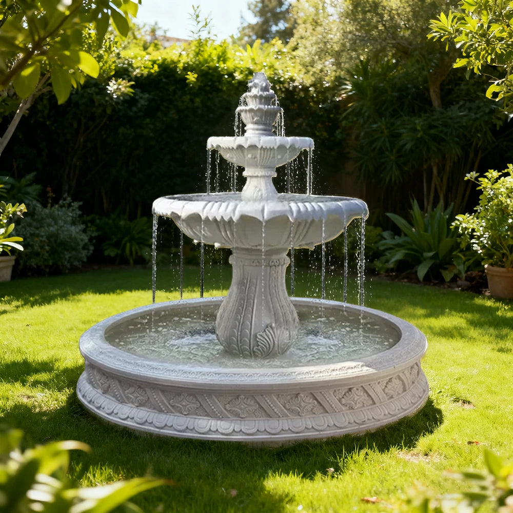 SOLARA Natural Sandstone Outdoor Fountain with 1.5m Fish Pond, Carved Stone Detail, Built‑In Circulation, Outdoor Garden Feature