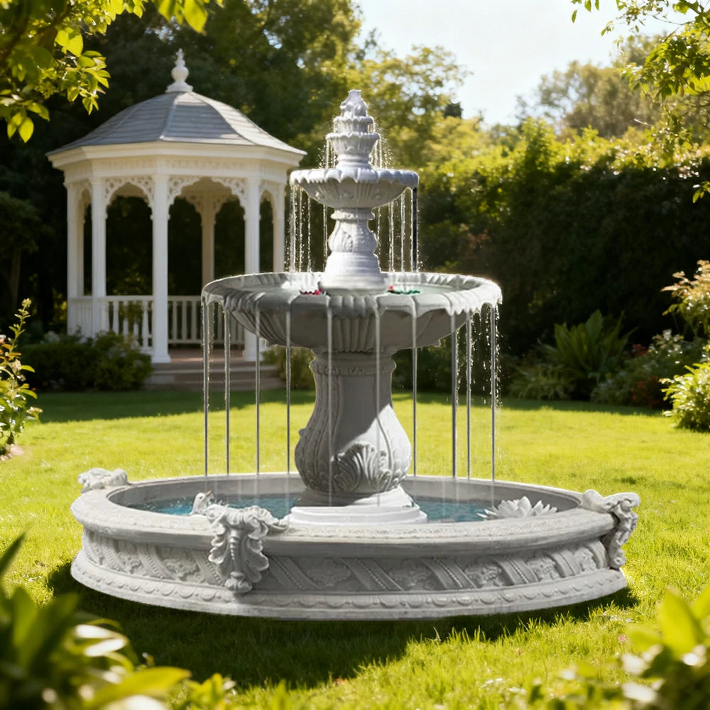 SOLARA Natural Sandstone Outdoor Fountain with 1.6m Fish Pond, Carved Stone Detail, Built‑In Circulation, Outdoor Garden Feature