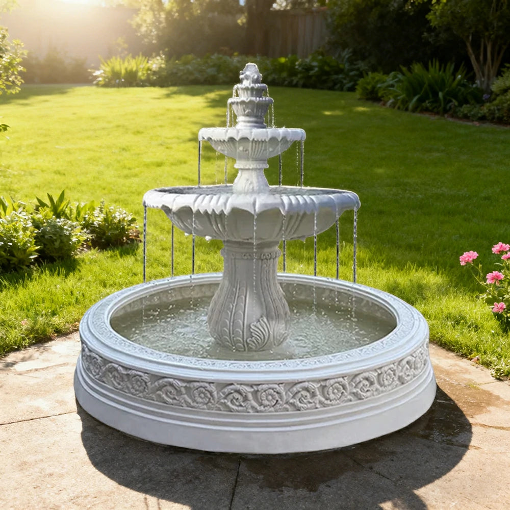 SOLARA Natural Sandstone Outdoor Fountain with 1.7m Fish Pond, Carved Stone Detail, Built‑In Circulation, Outdoor Garden Feature