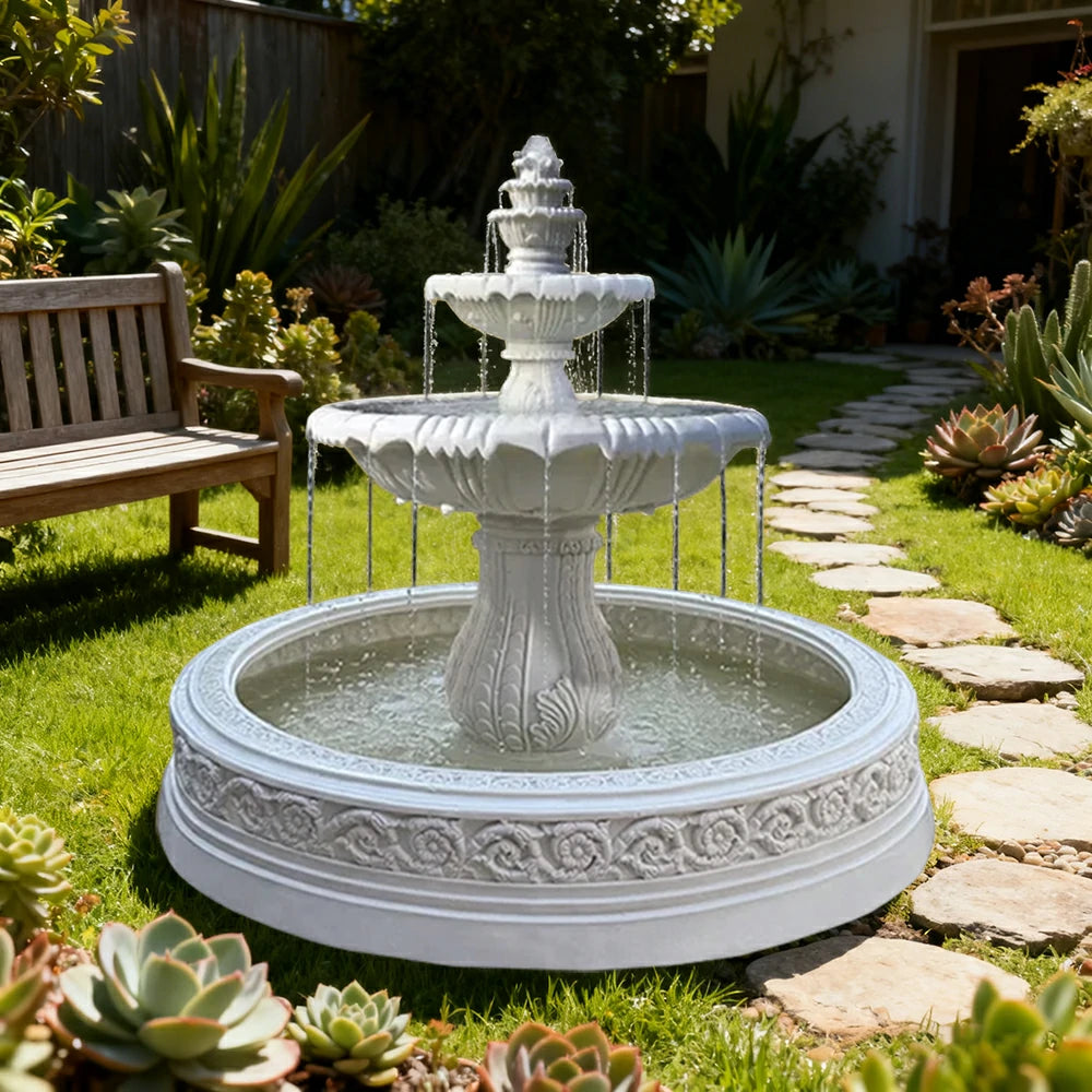 SOLARA Natural Sandstone Outdoor Fountain with 1.7m Fish Pond, Carved Stone Detail, Built‑In Circulation, Outdoor Garden Feature