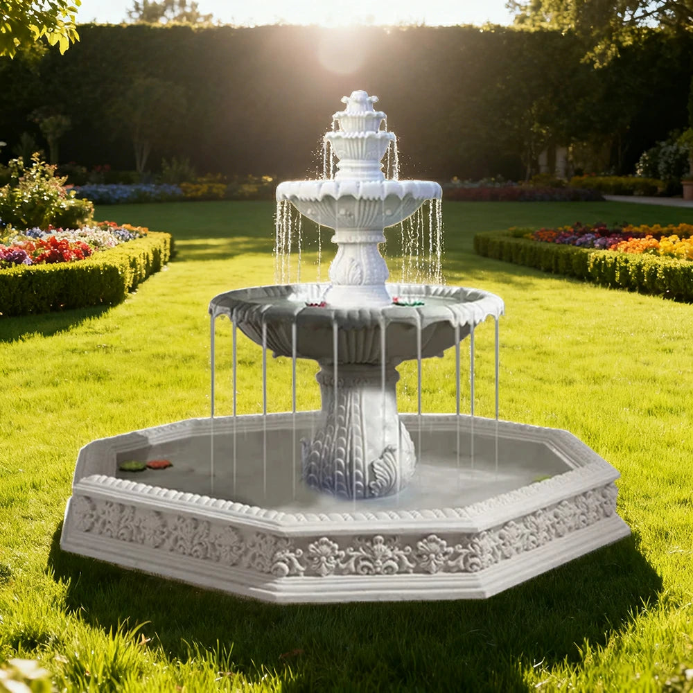 SOLARA Natural Sandstone Outdoor Fountain with 1.9m Fish Pond, Carved Stone Detail, Built‑In Circulation, Outdoor Garden Feature