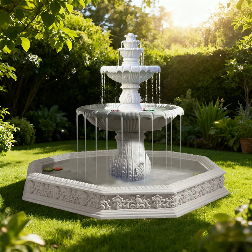 SOLARA Natural Sandstone Outdoor Fountain with 1.9m Fish Pond, Carved Stone Detail, Built‑In Circulation, Outdoor Garden Feature