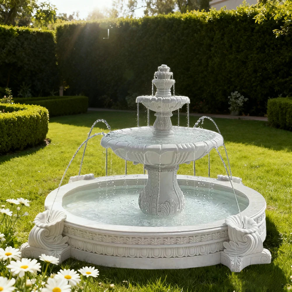 SOLARA Natural Sandstone Outdoor Fountain with 2.4m Fish Pond, Carved Stone Detail, Built‑In Circulation, Outdoor Garden Feature