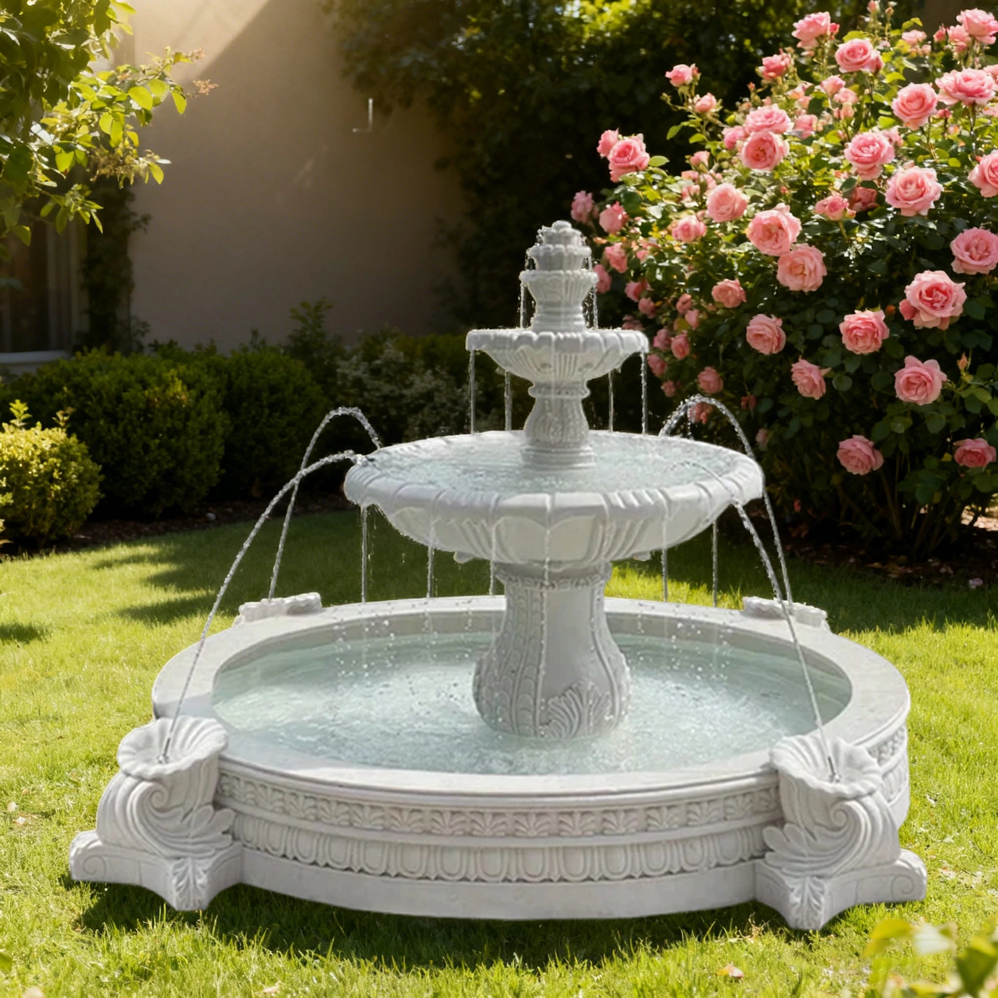 SOLARA Natural Sandstone Outdoor Fountain with 2.4m Fish Pond, Carved Stone Detail, Built‑In Circulation, Outdoor Garden Feature