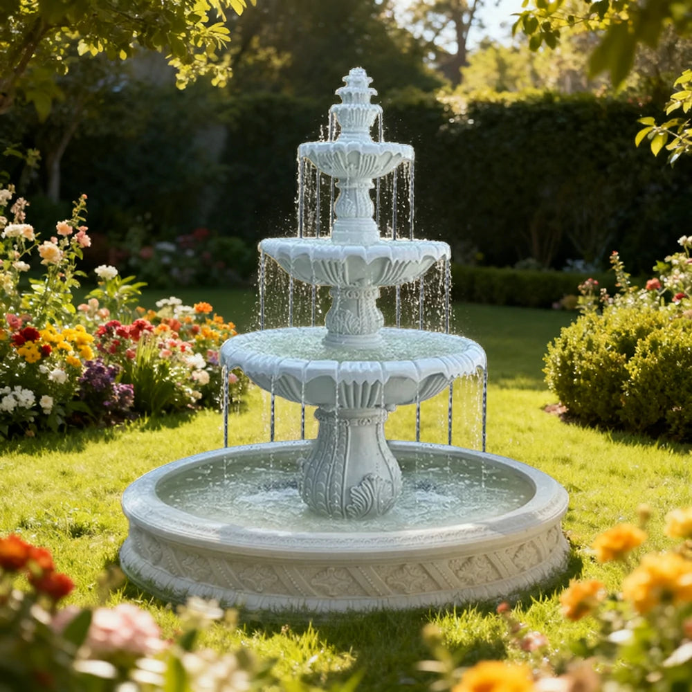 SOLARA Natural Sandstone Outdoor Fountain with 1.5m Fish Pond, Built‑In Circulation Pump, Smooth Stone Texture, Outdoor Pond & Fountain Feature