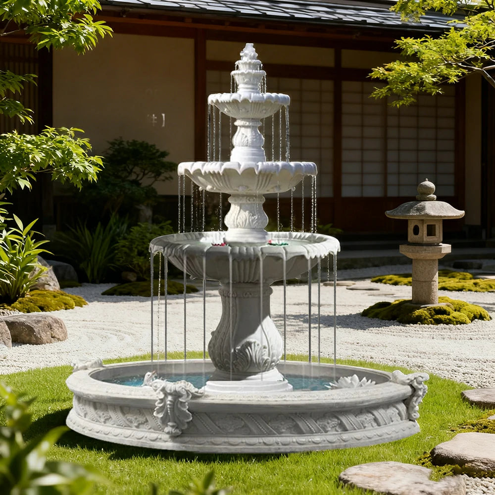 SOLARA Natural Sandstone Outdoor Fountain with 1.6m Fish Pond, Built‑In Circulation Pump, Smooth Stone Texture, Outdoor Pond & Fountain Feature