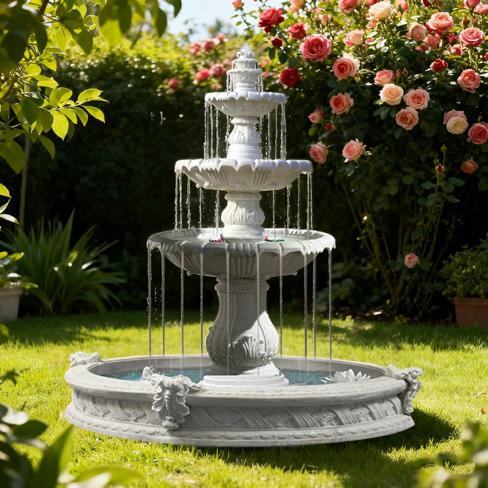 SOLARA Natural Sandstone Outdoor Fountain with 1.6m Fish Pond, Built‑In Circulation Pump, Smooth Stone Texture, Outdoor Pond & Fountain Feature