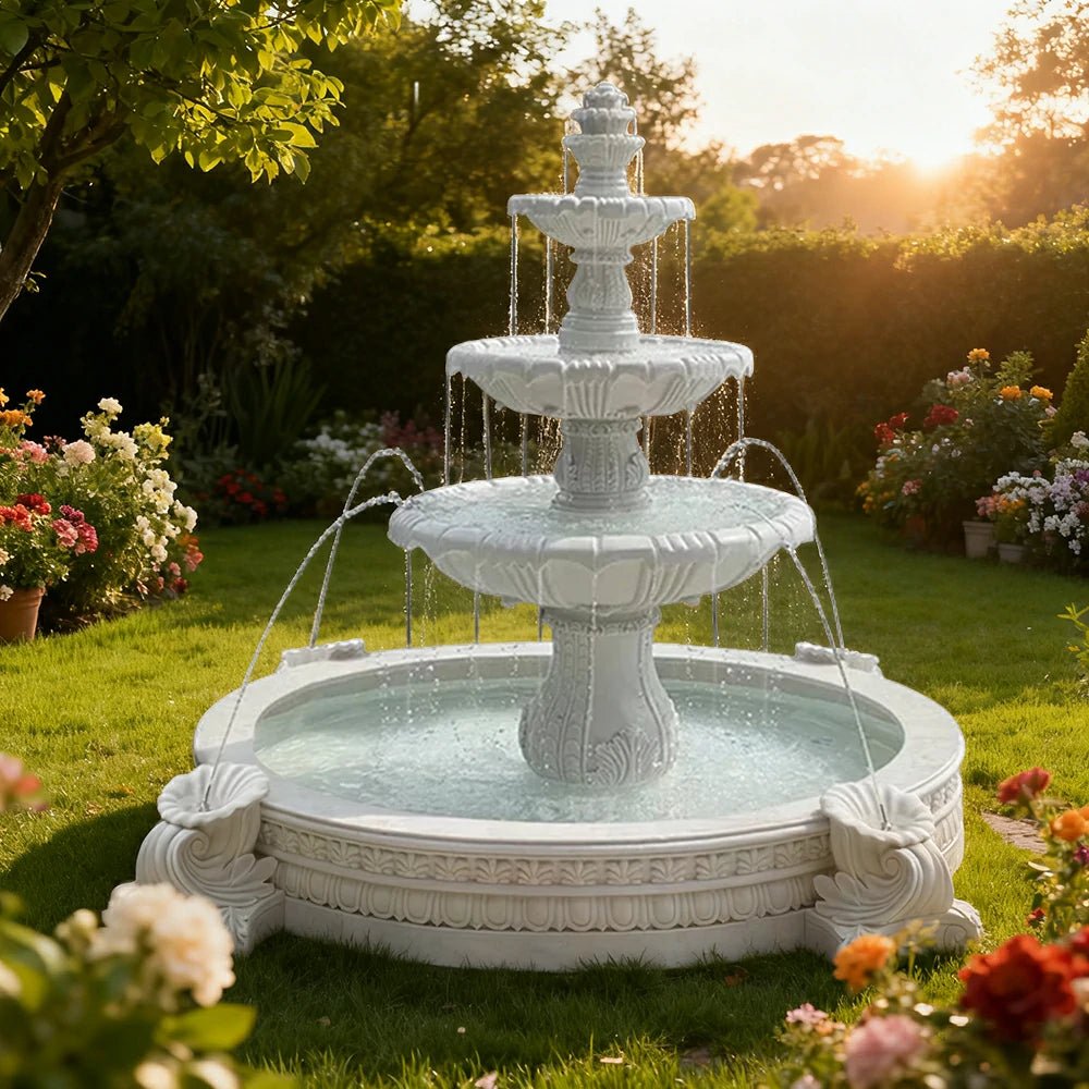 SOLARA Natural Sandstone Outdoor Fountain with 2.4m Fish Pond, Built‑In Circulation Pump, Smooth Stone Texture, Outdoor Pond & Fountain Feature