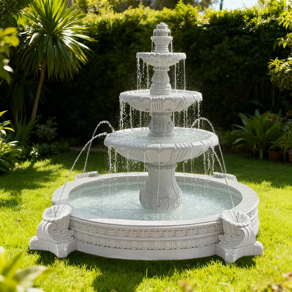 SOLARA Natural Sandstone Outdoor Fountain with 2.4m Fish Pond, Built‑In Circulation Pump, Smooth Stone Texture, Outdoor Pond & Fountain Feature