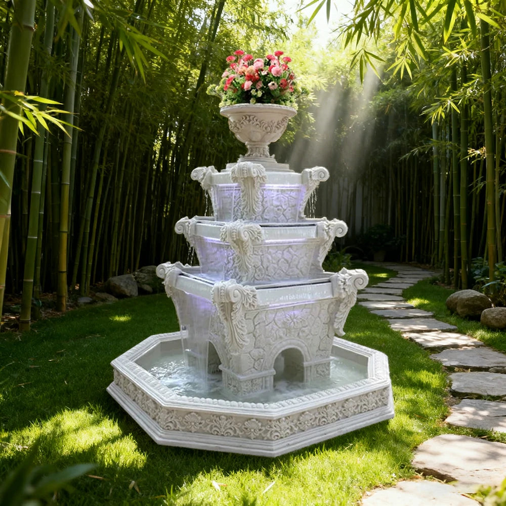 SOLARA Natural Sandstone Outdoor Fountain with 1.9m Fish Pond, Built‑In Pump, Smooth Finish, Elegant Garden Water Piece