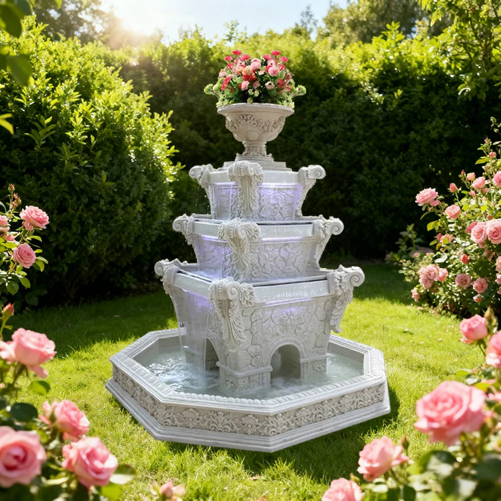 SOLARA Natural Sandstone Outdoor Fountain with 1.9m Fish Pond, Built‑In Pump, Smooth Finish, Elegant Garden Water Piece
