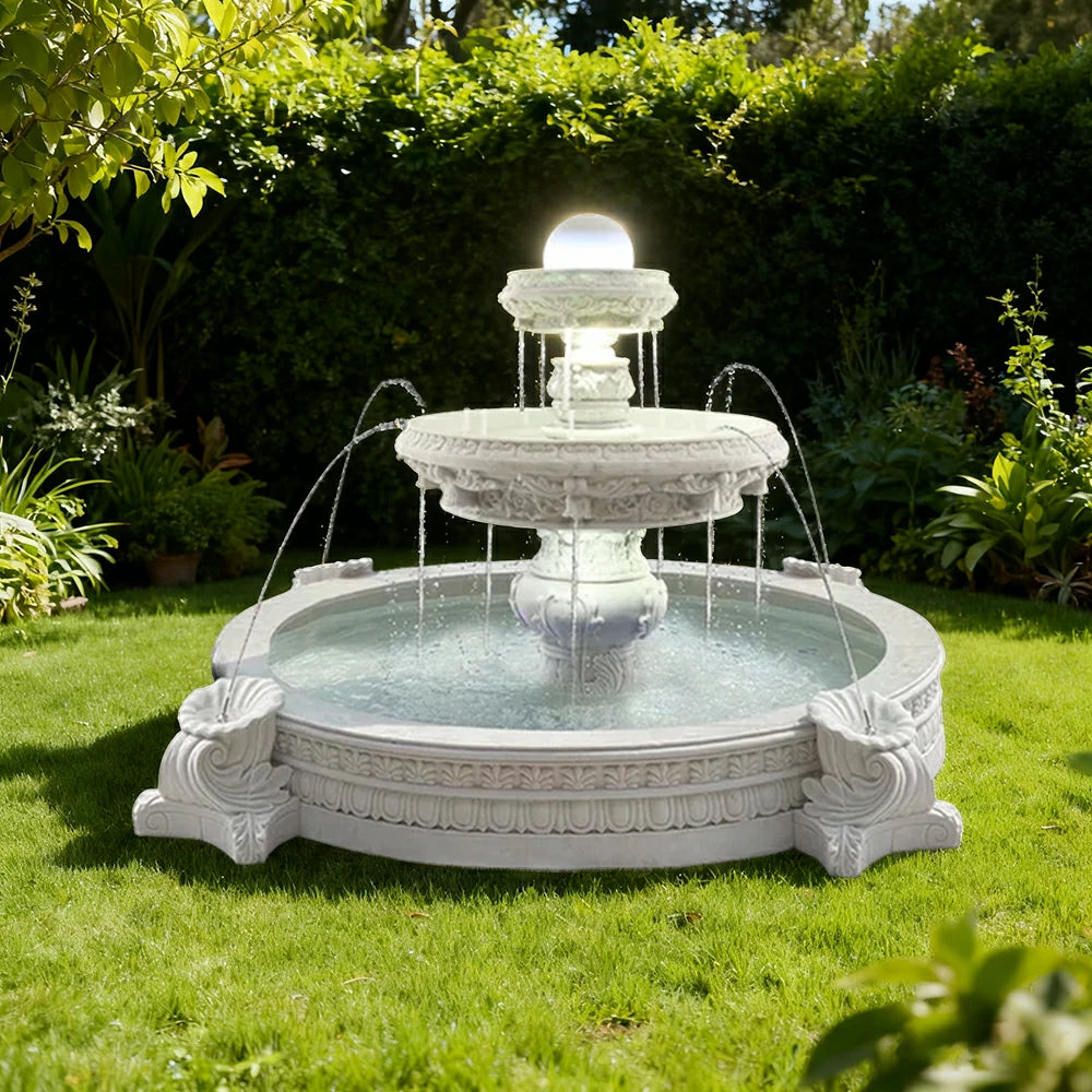 SOLARA Natural Sandstone Outdoor Fountain with 2.4m Fish Pond, Built‑In Circulation Pump, Polished Natural Stone, Garden Centre Feature