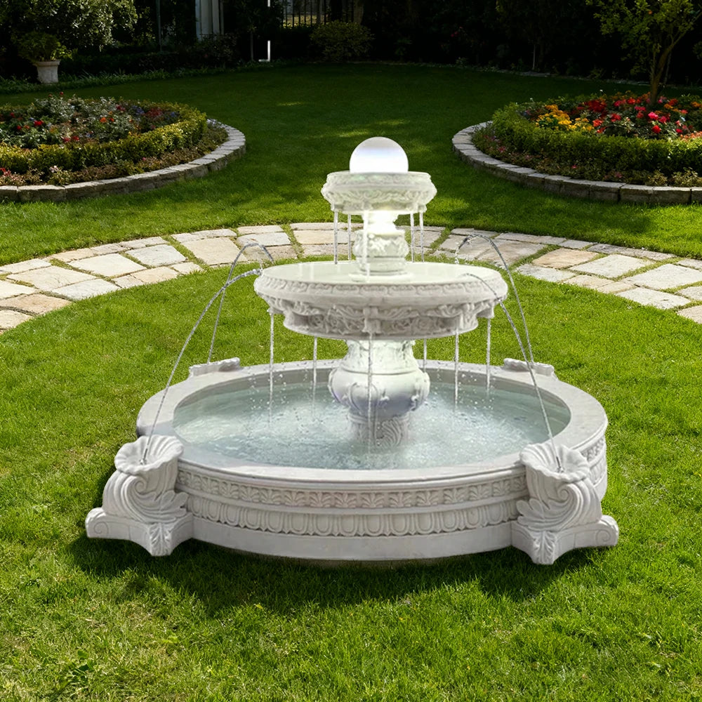 SOLARA Natural Sandstone Outdoor Fountain with 2.4m Fish Pond, Built‑In Circulation Pump, Polished Natural Stone, Garden Centre Feature