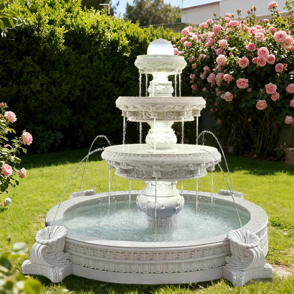 SOLARA Natural Sandstone Outdoor Fountain with 2.4m Fish Pond, Smooth Sandstone Surface, Continuous Water Flow, Premium Outdoor Fountain