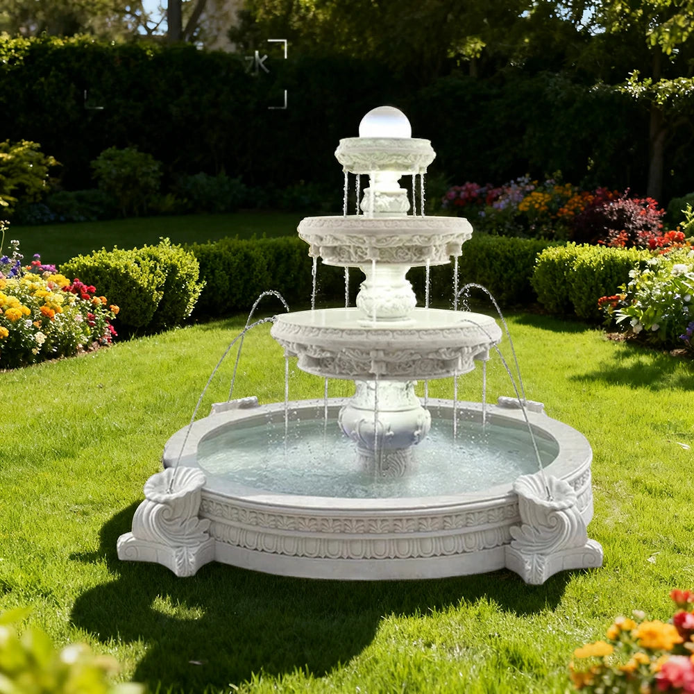 SOLARA Natural Sandstone Outdoor Fountain with 2.4m Fish Pond, Smooth Sandstone Surface, Continuous Water Flow, Premium Outdoor Fountain