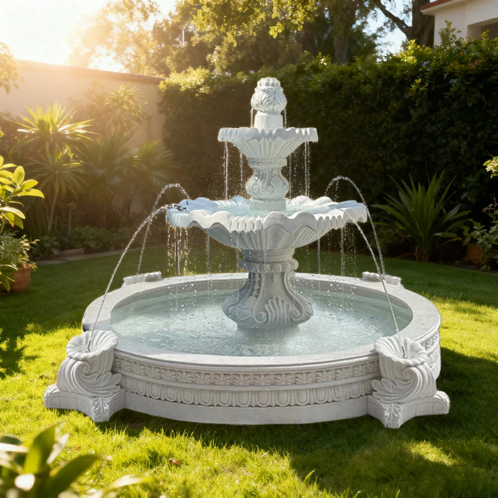 SOLARA Natural Sandstone Outdoor Fountain with 2.4m Fish Pond, Built‑In Pump, Textured Stone Finish, Garden Pond Water Feature