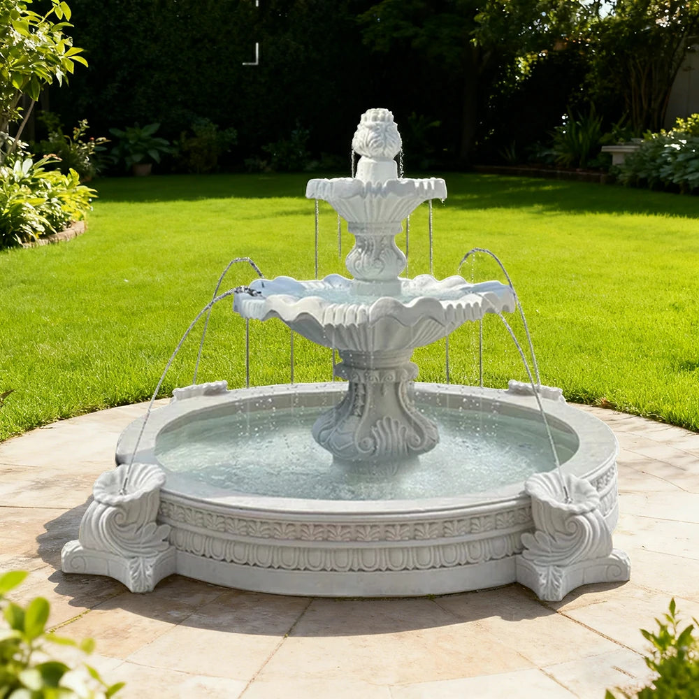 SOLARA Natural Sandstone Outdoor Fountain with 2.4m Fish Pond, Built‑In Pump, Textured Stone Finish, Garden Pond Water Feature