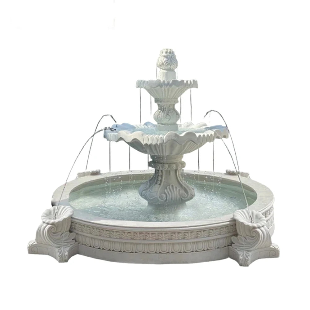 SOLARA Natural Sandstone Outdoor Fountain with 2.4m Fish Pond, Built‑In Pump, Textured Stone Finish, Garden Pond Water Feature