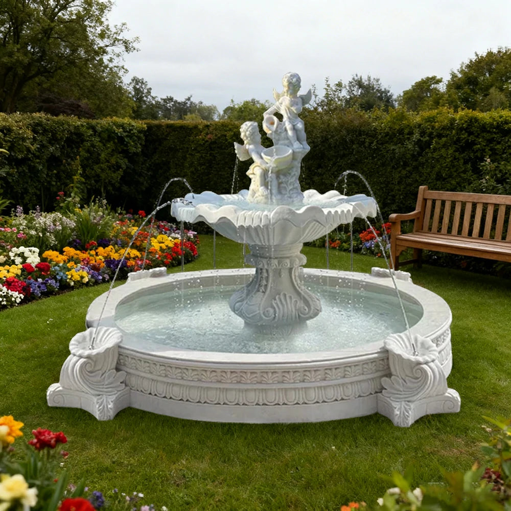 SOLARA Natural Sandstone Outdoor Fountain with 2.4m Fish Pond, Hand‑Polished Texture, Calm Water Flow, Outdoor Garden Highlight