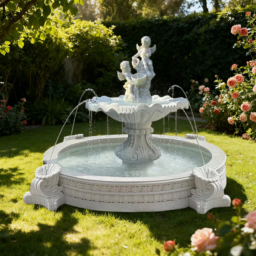 SOLARA Natural Sandstone Outdoor Fountain with 2.4m Fish Pond, Hand‑Polished Texture, Calm Water Flow, Outdoor Garden Highlight