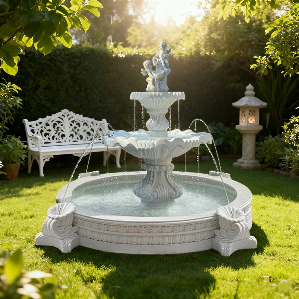 SOLARA Natural Sandstone Outdoor Fountain with 2.4m Fish Pond, Circulation Pump System, Smooth Carved Stone, Exterior Water Feature