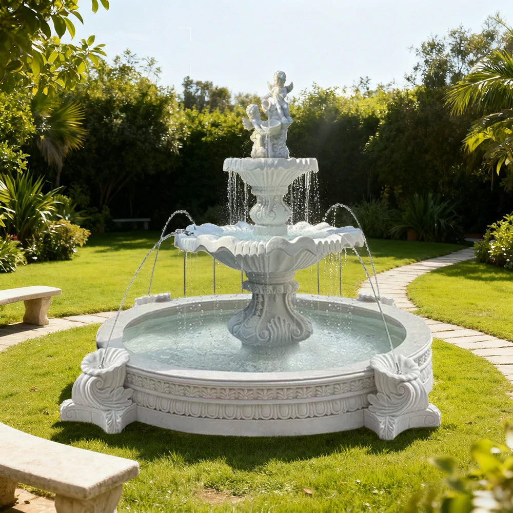 SOLARA Natural Sandstone Outdoor Fountain with 2.4m Fish Pond, Circulation Pump System, Smooth Carved Stone, Exterior Water Feature