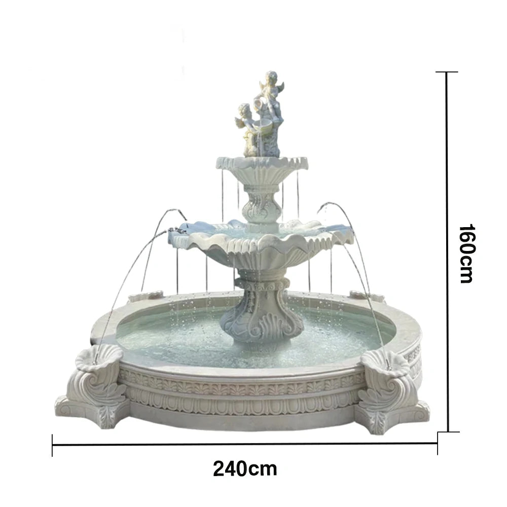 SOLARA Natural Sandstone Outdoor Fountain with 2.4m Fish Pond, Circulation Pump System, Smooth Carved Stone, Exterior Water Feature