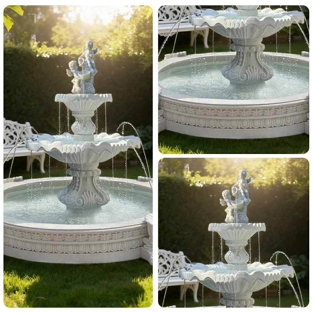 SOLARA Natural Sandstone Outdoor Fountain with 2.4m Fish Pond, Circulation Pump System, Smooth Carved Stone, Exterior Water Feature