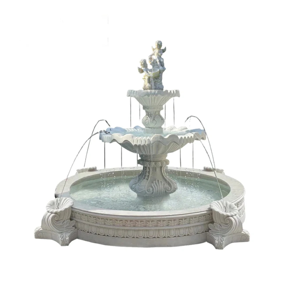 SOLARA Natural Sandstone Outdoor Fountain with 2.4m Fish Pond, Circulation Pump System, Smooth Carved Stone, Exterior Water Feature