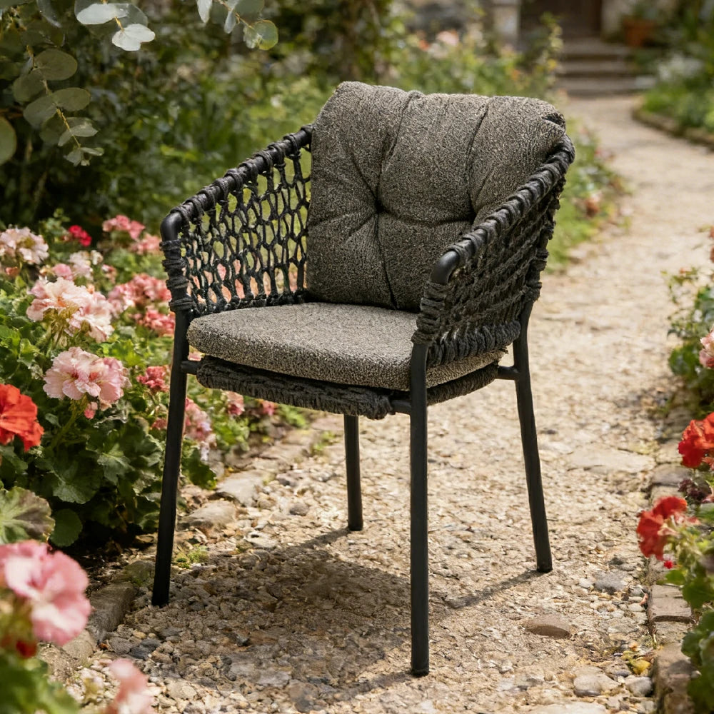 SOLARA Outdoor Woven Rope Chair - High-Density Cushion, Aviation-Grade Aluminium Frame, Waterproof UV-Resistant Patio Seating - Black