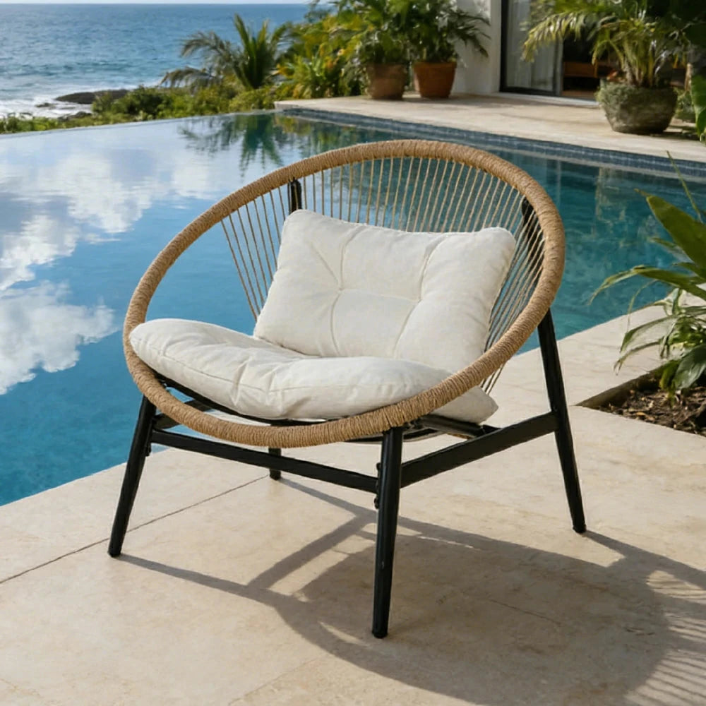 SOLARA Outdoor Rattan Lounge Chair - 12cm Thick Cushion, Iron Frame, Fan-Shaped Handwoven Backrest, Premium Yarn-Dyed Fabric Patio Seating - Grey