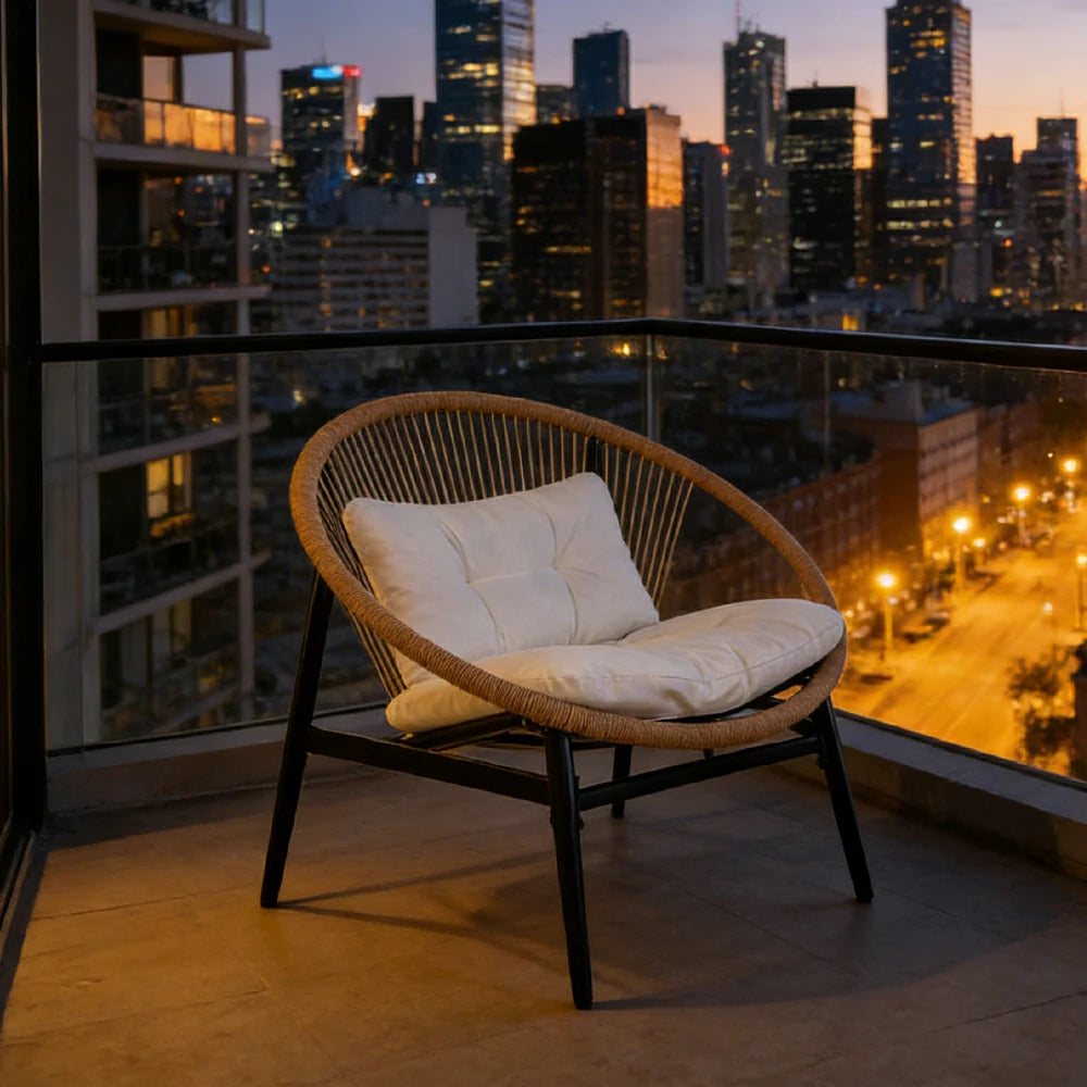 SOLARA Outdoor Rattan Lounge Chair - 12cm Thick Cushion, Iron Frame, Fan-Shaped Handwoven Backrest, Premium Yarn-Dyed Fabric Patio Seating - Grey