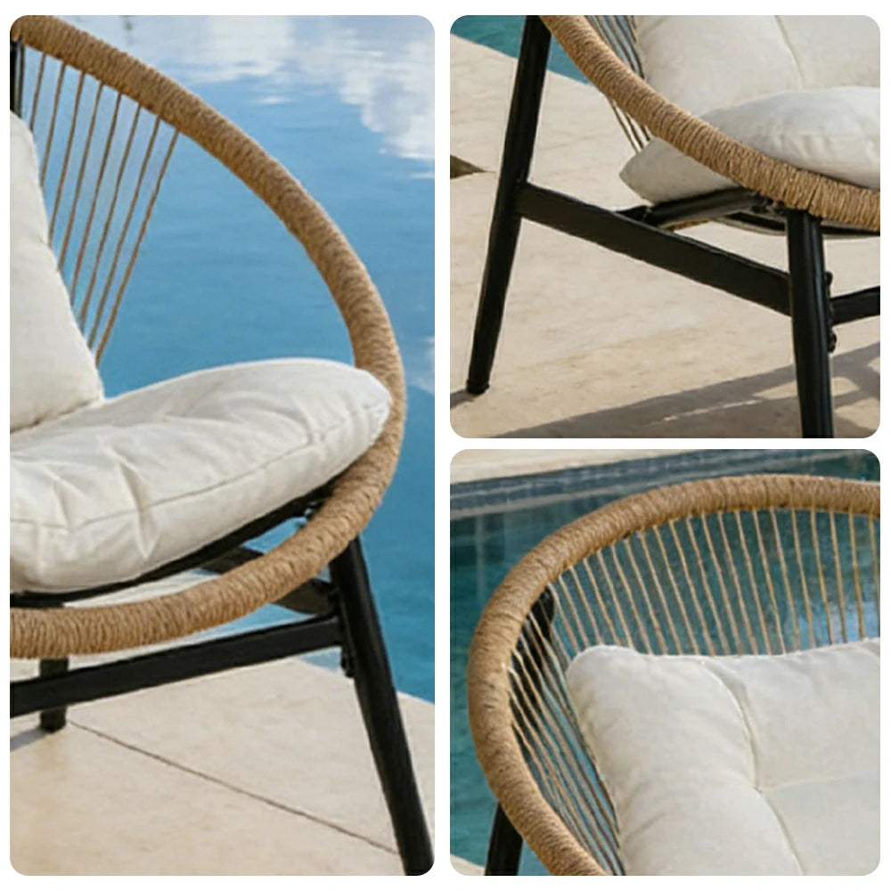 SOLARA Outdoor Rattan Lounge Chair - 12cm Thick Cushion, Iron Frame, Fan-Shaped Handwoven Backrest, Premium Yarn-Dyed Fabric Patio Seating - Grey