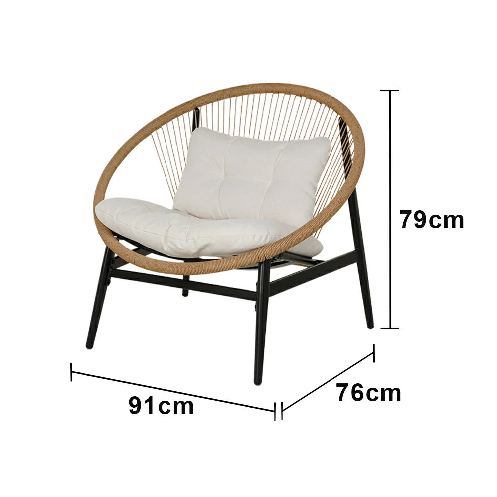SOLARA Outdoor Rattan Lounge Chair - 12cm Thick Cushion, Iron Frame, Fan-Shaped Handwoven Backrest, Premium Yarn-Dyed Fabric Patio Seating - Grey