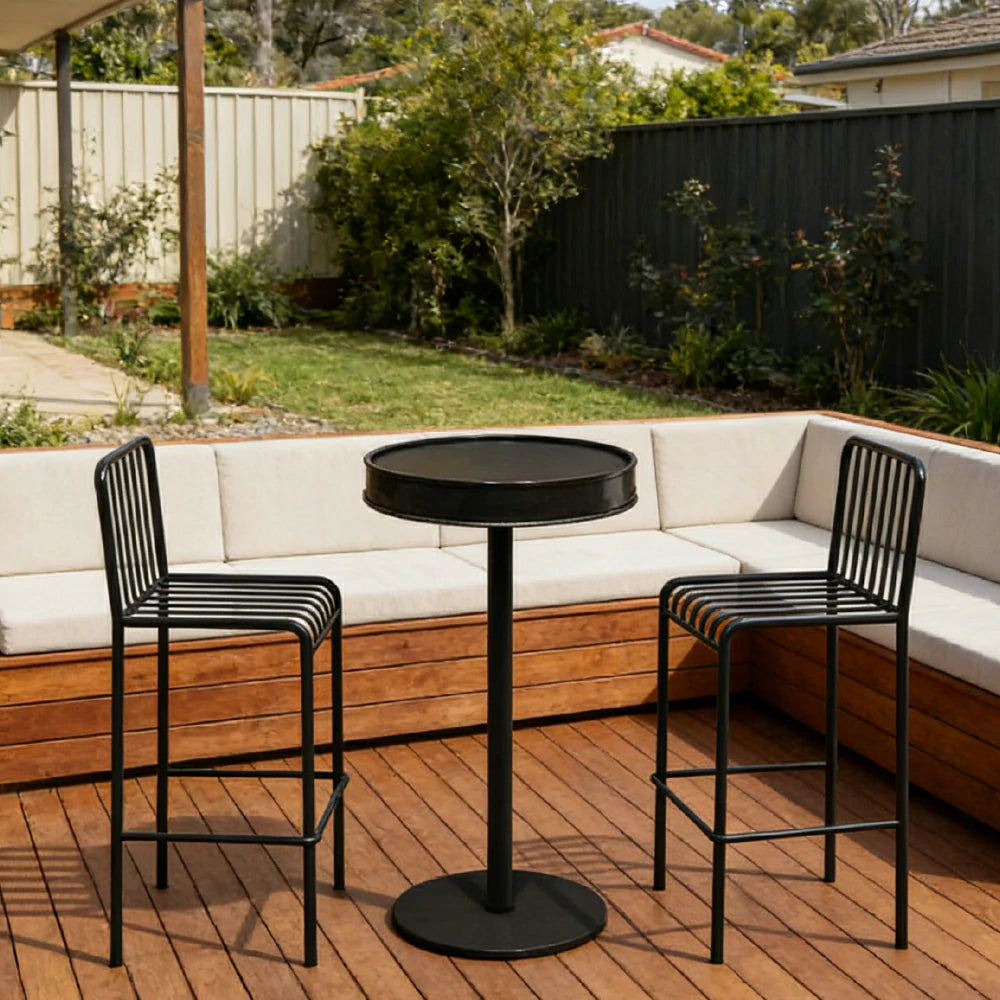 SOLARA 1 Table 2 Chairs Set - Industrial Style Bar Table Design, Durable Iron Frame, Space-Saving Patio Balcony Cafe Dining Set - Black