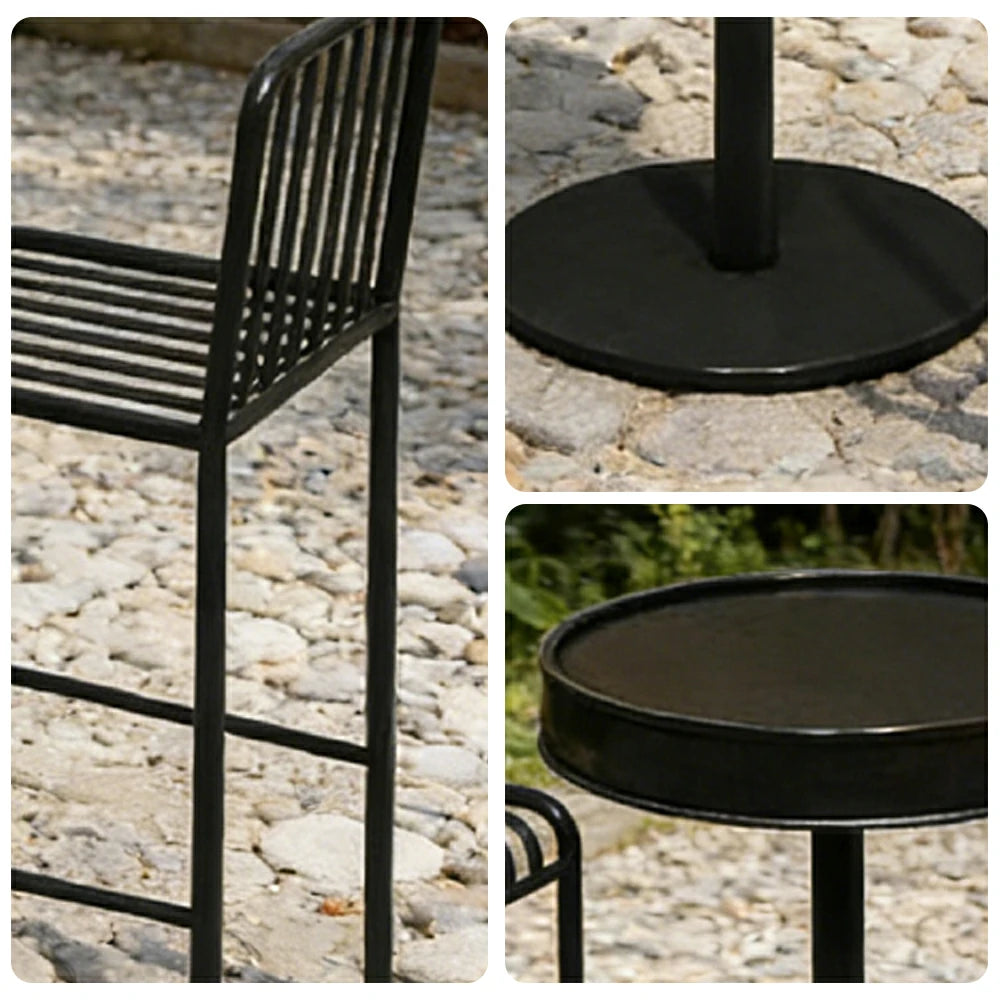SOLARA 1 Table 2 Chairs Set - Industrial Style Bar Table Design, Durable Iron Frame, Space-Saving Patio Balcony Cafe Dining Set - Black